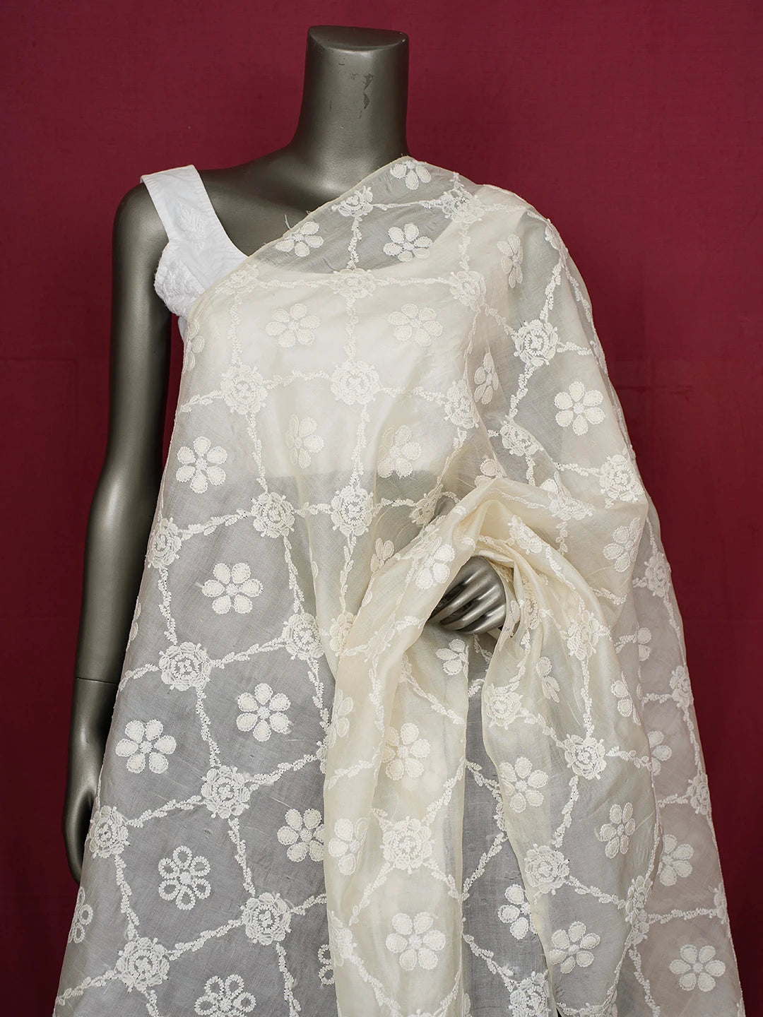 Ada Hand Embroidered White Silk Lucknowi Chikankari Dupatta 01A717550