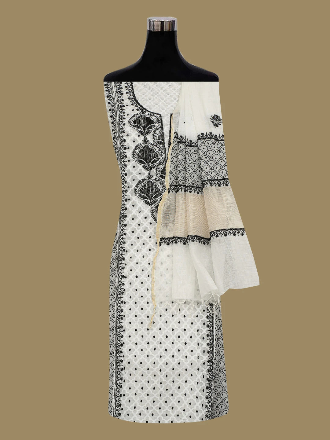 Ada Hand Embroidered White Chanderi Lucknowi Chikankari Semi-Stitched Kurta Dupatta Set With Cutdana Work 01A719566