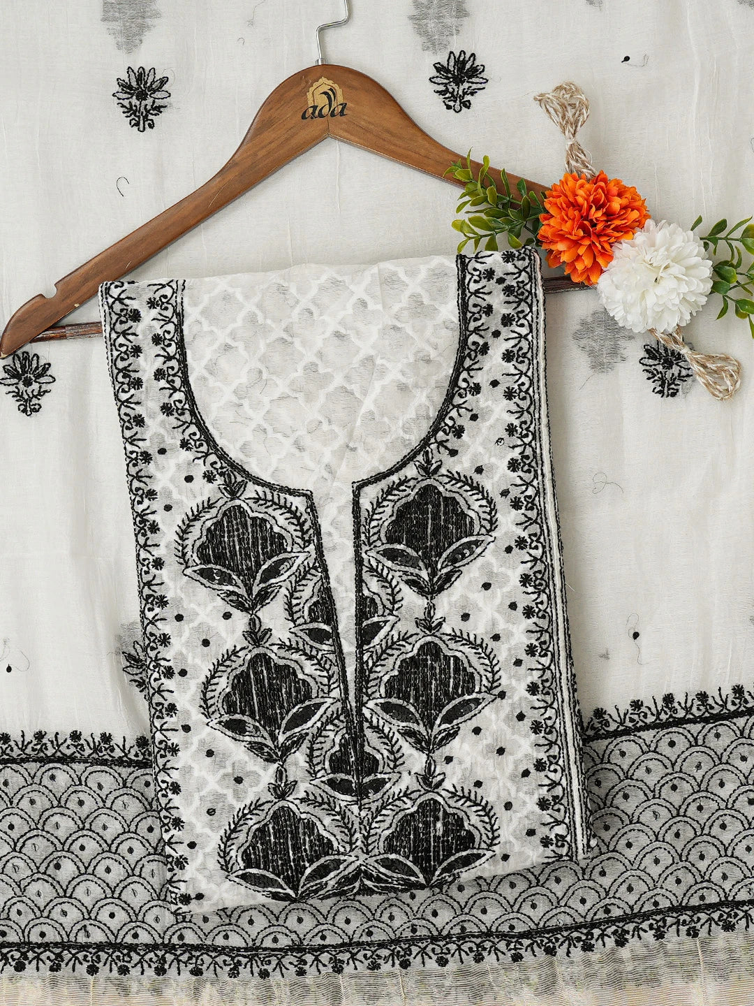 Ada Hand Embroidered White Chanderi Lucknowi Chikankari Semi-Stitched Kurta Dupatta Set With Cutdana Work 01A719566