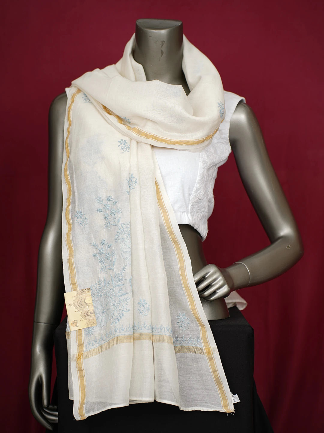 Ada Hand Embroidered White Chanderi Lucknowi Chikankari Dupatta 01A650924