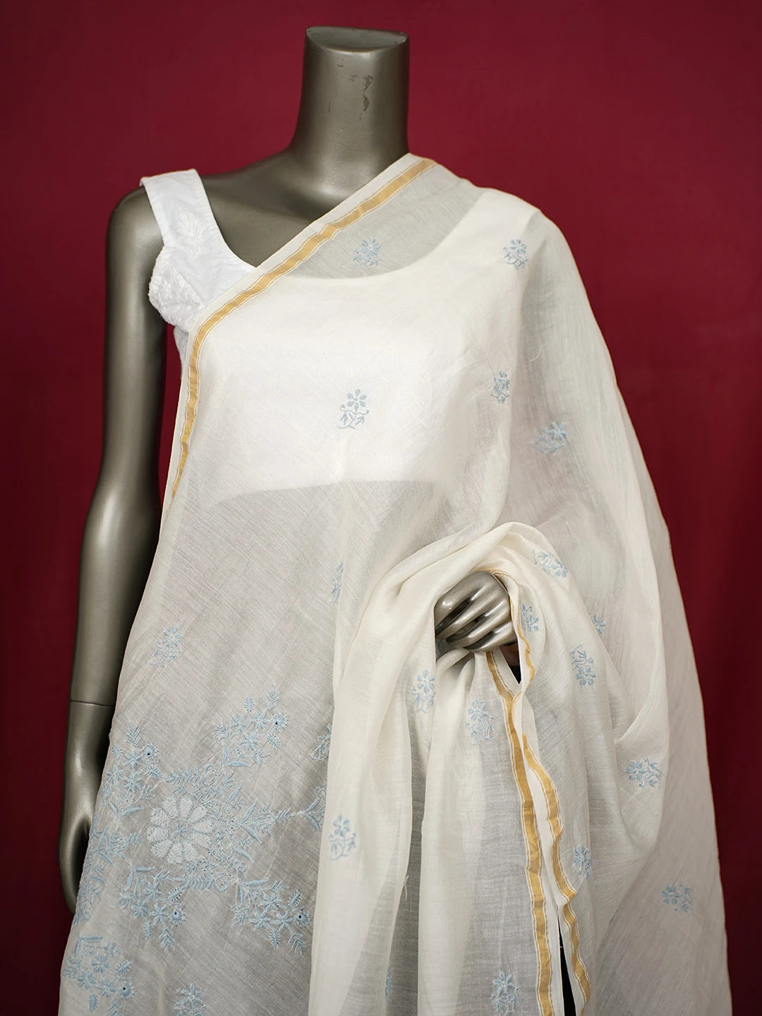 Ada Hand Embroidered White Chanderi Lucknowi Chikankari Dupatta 01A650924