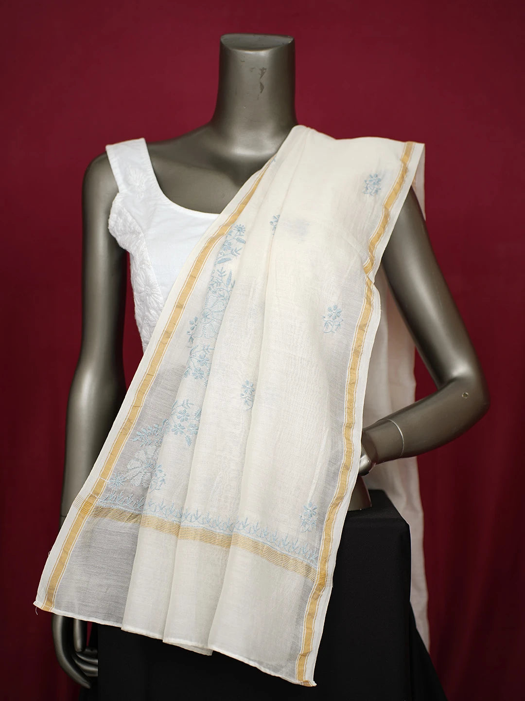 Ada Hand Embroidered White Chanderi Lucknowi Chikankari Dupatta 01A650924