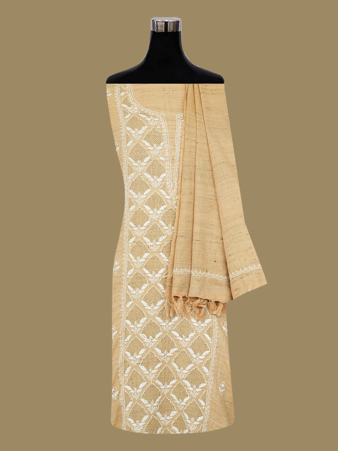Ada Hand Embroidered Fawn Khadi Cotton Lucknowi Chikankari Unstitched Kurta Dupatta Set With Zari Work 01A507074