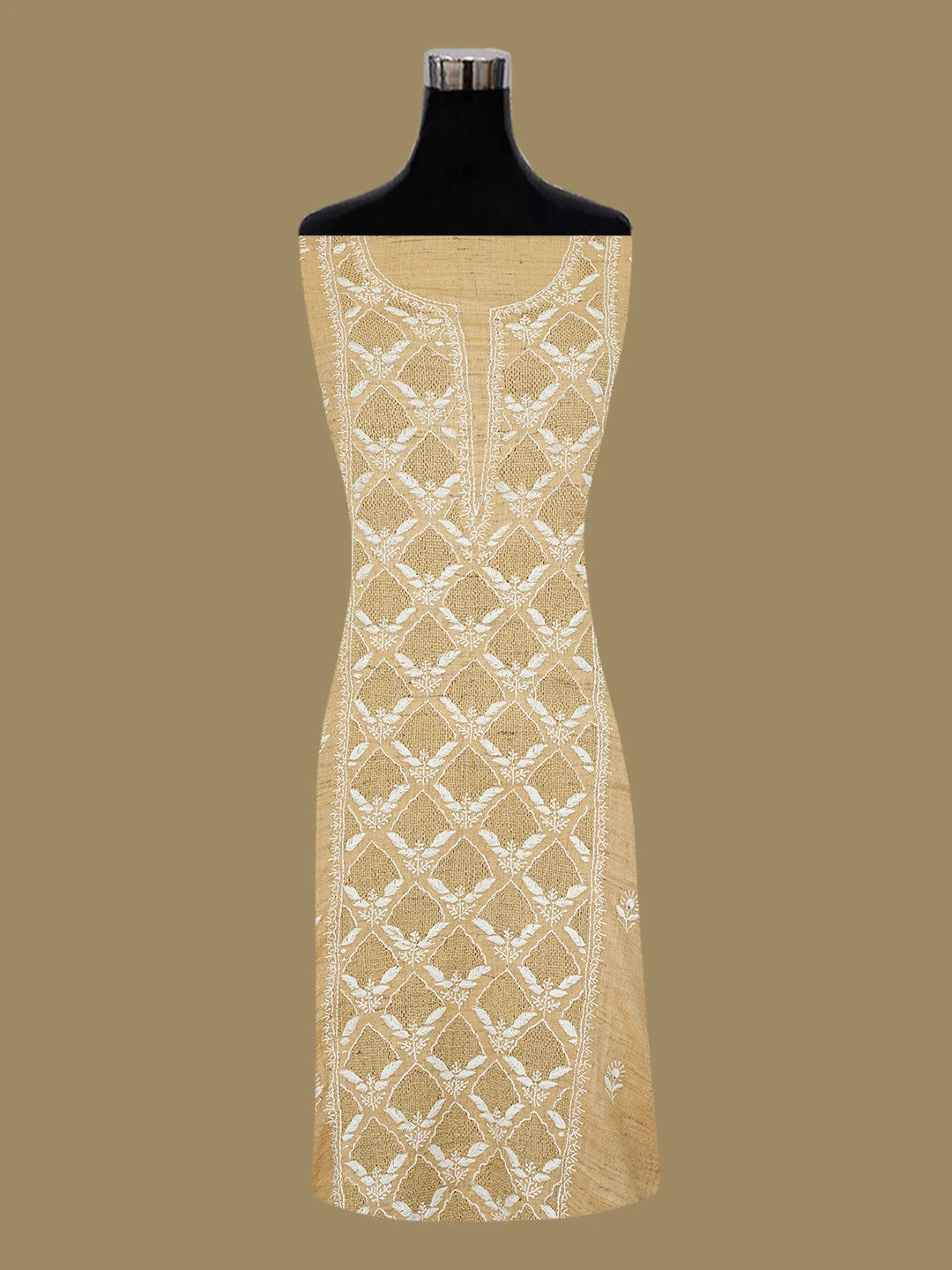 Ada Hand Embroidered Fawn Khadi Cotton Lucknowi Chikankari Unstitched Kurta Dupatta Set With Zari Work 01A507074