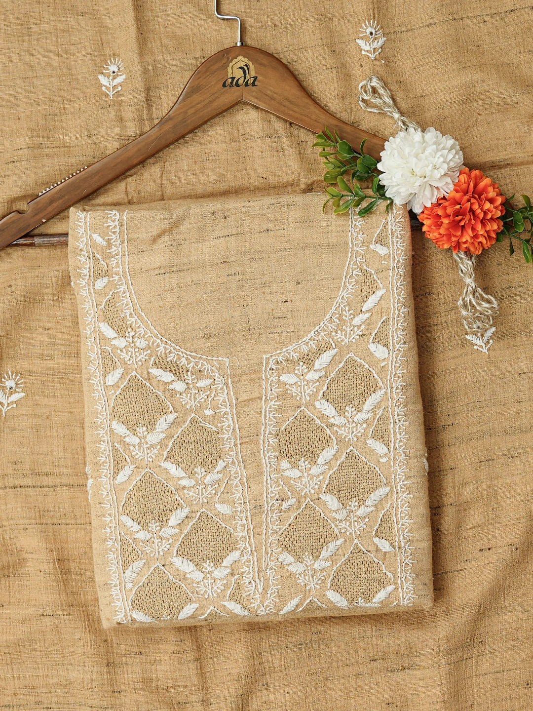 Ada Hand Embroidered Fawn Khadi Cotton Lucknowi Chikankari Unstitched Kurta Dupatta Set With Zari Work 01A507074