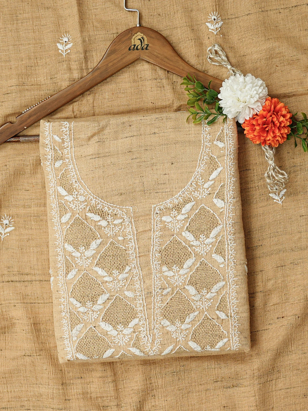 Ada Hand Embroidered Fawn Khadi Cotton Lucknowi Chikankari Unstitched Kurta Dupatta Set With Zari Work 01A507074