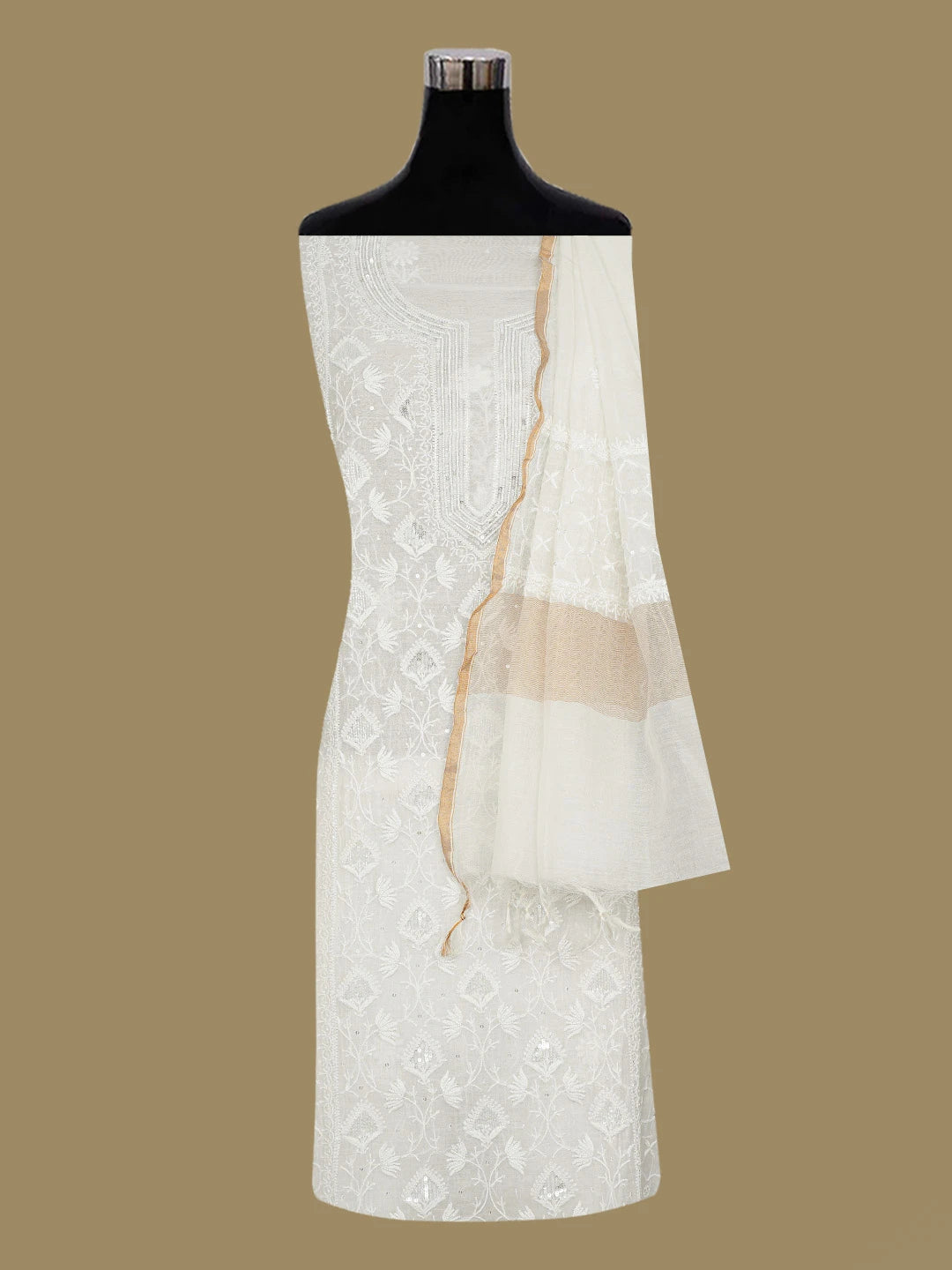 Ada Hand Embroidered White Chanderi Lucknowi Chikankari Semi-Stitched Kurta Dupatta Set With Pearl Work 01A719587