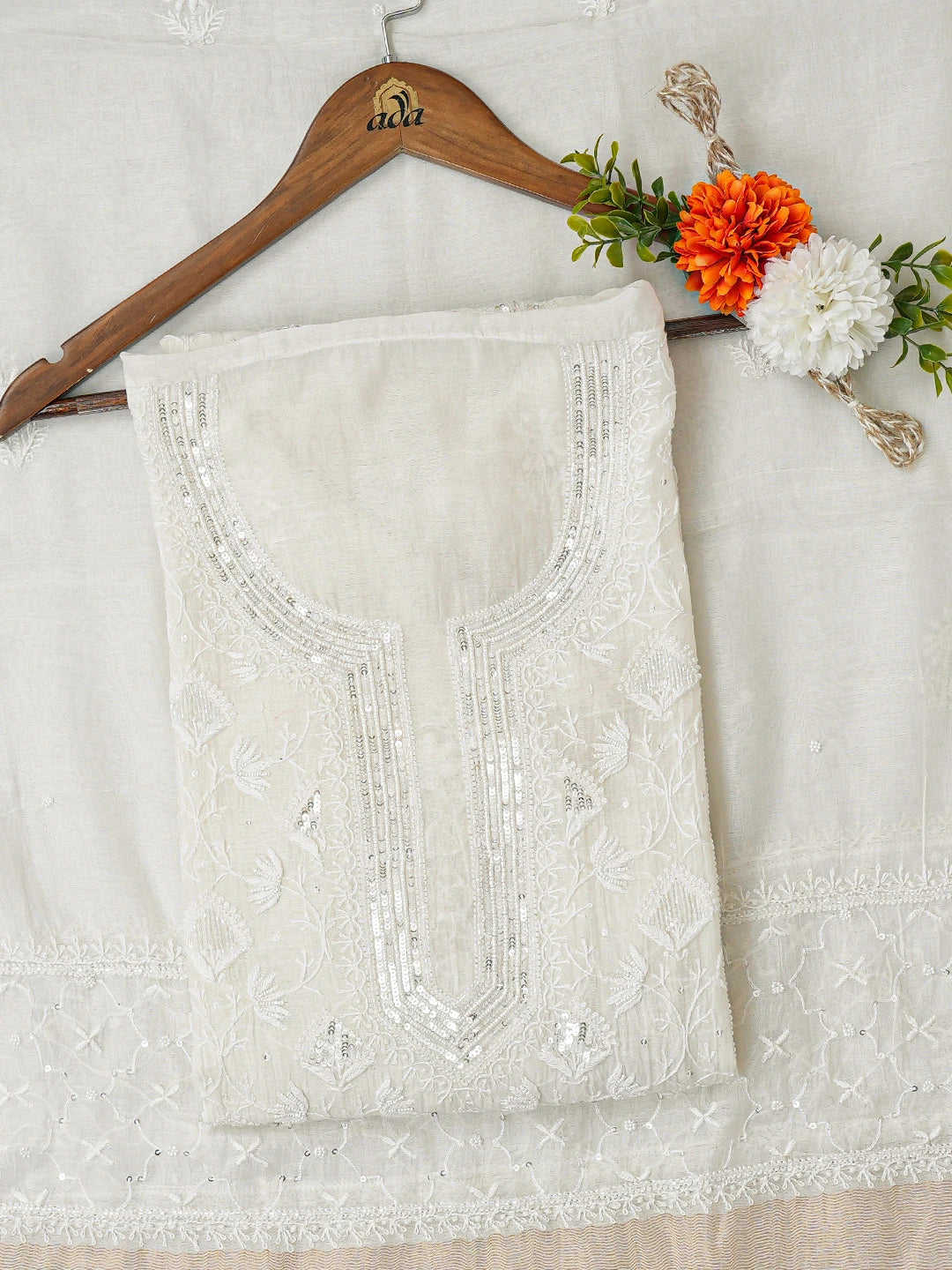 Ada Hand Embroidered White Chanderi Lucknowi Chikankari Semi-Stitched Kurta Dupatta Set With Pearl Work 01A719587