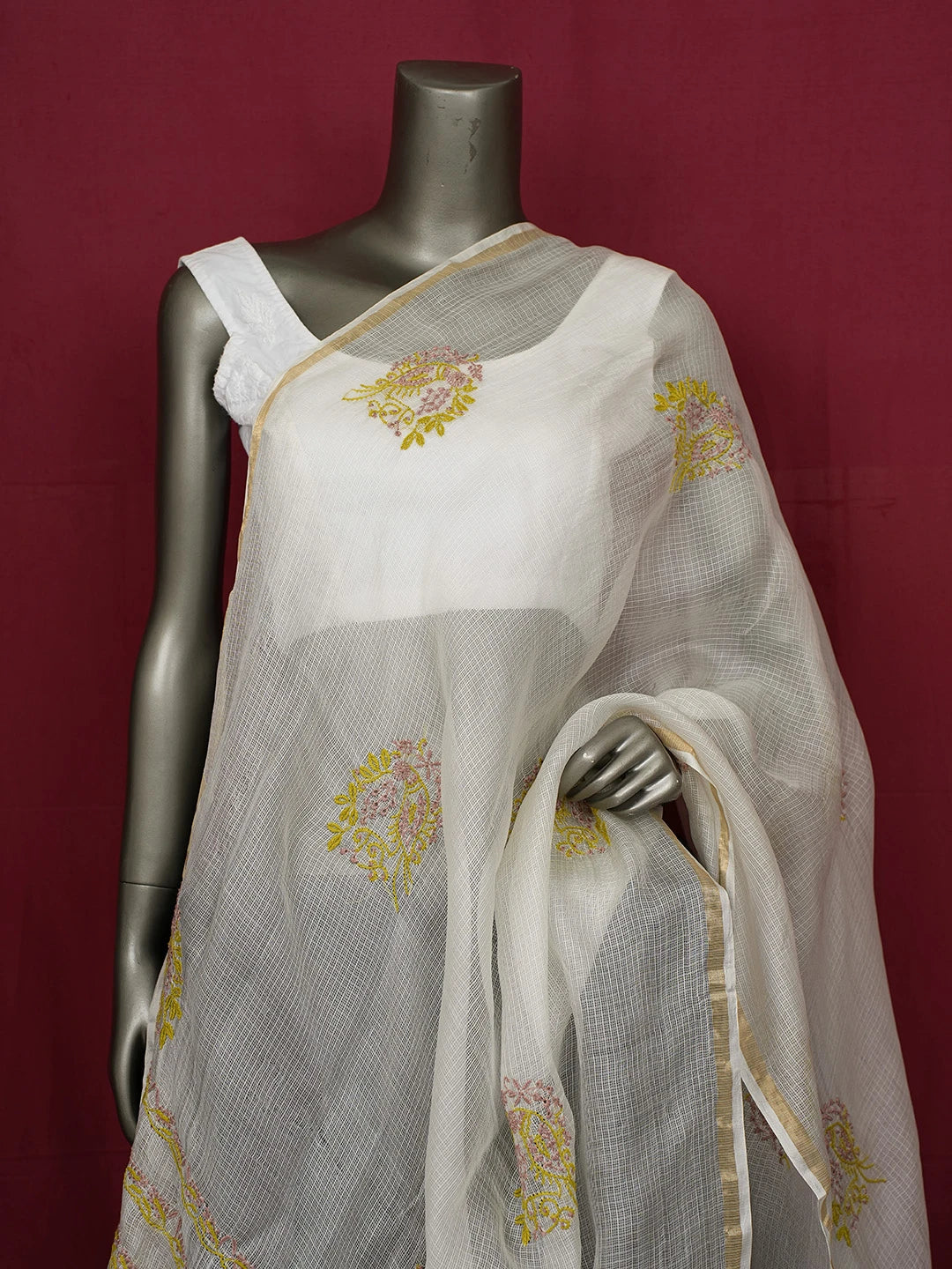 Ada Hand Embroidered White Kota Silk Lucknowi Chikankari Dupatta 01A661018