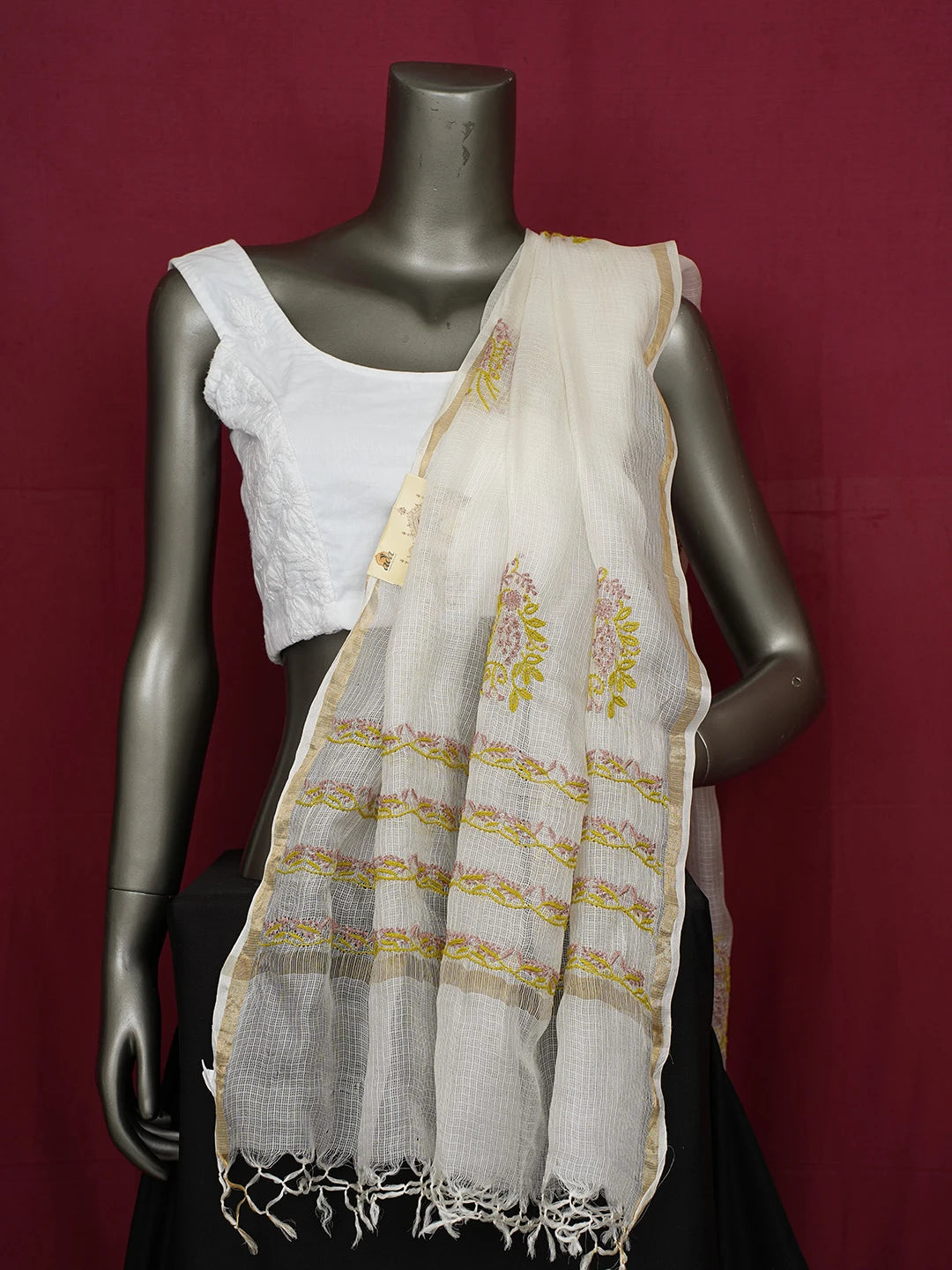 Ada Hand Embroidered White Kota Silk Lucknowi Chikankari Dupatta 01A661018