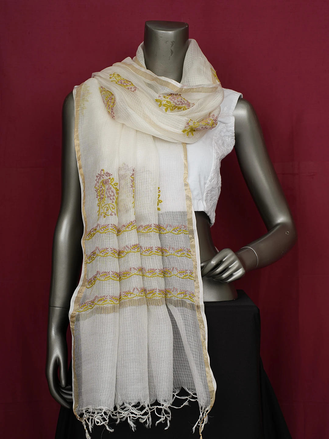 Ada Hand Embroidered White Kota Silk Lucknowi Chikankari Dupatta 01A661018