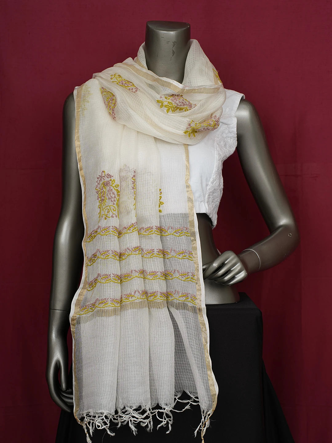 Ada Hand Embroidered White Kota Silk Lucknowi Chikankari Dupatta 01A661018