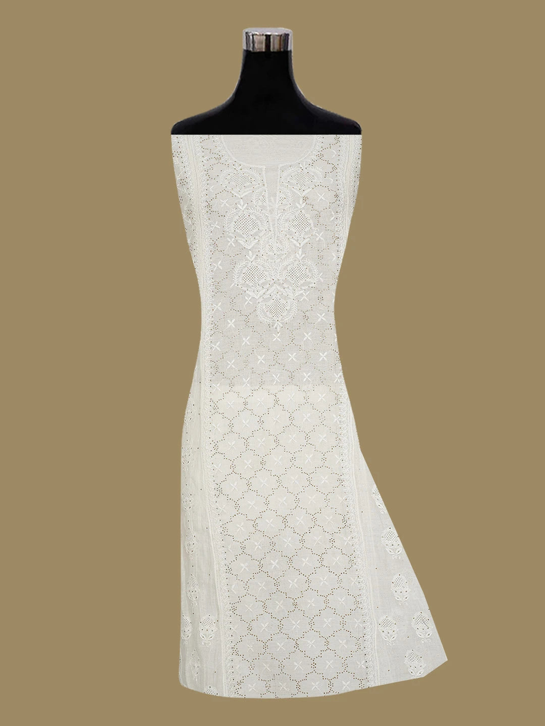 Ada Hand Embroidered White Chanderi Lucknowi Chikankari Semi-Stitched Kurta Dupatta Set With Mukaish Work 01A719525