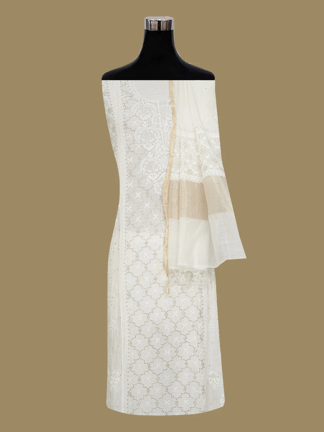 Ada Hand Embroidered White Chanderi Lucknowi Chikankari Semi-Stitched Kurta Dupatta Set With Mukaish Work 01A719525