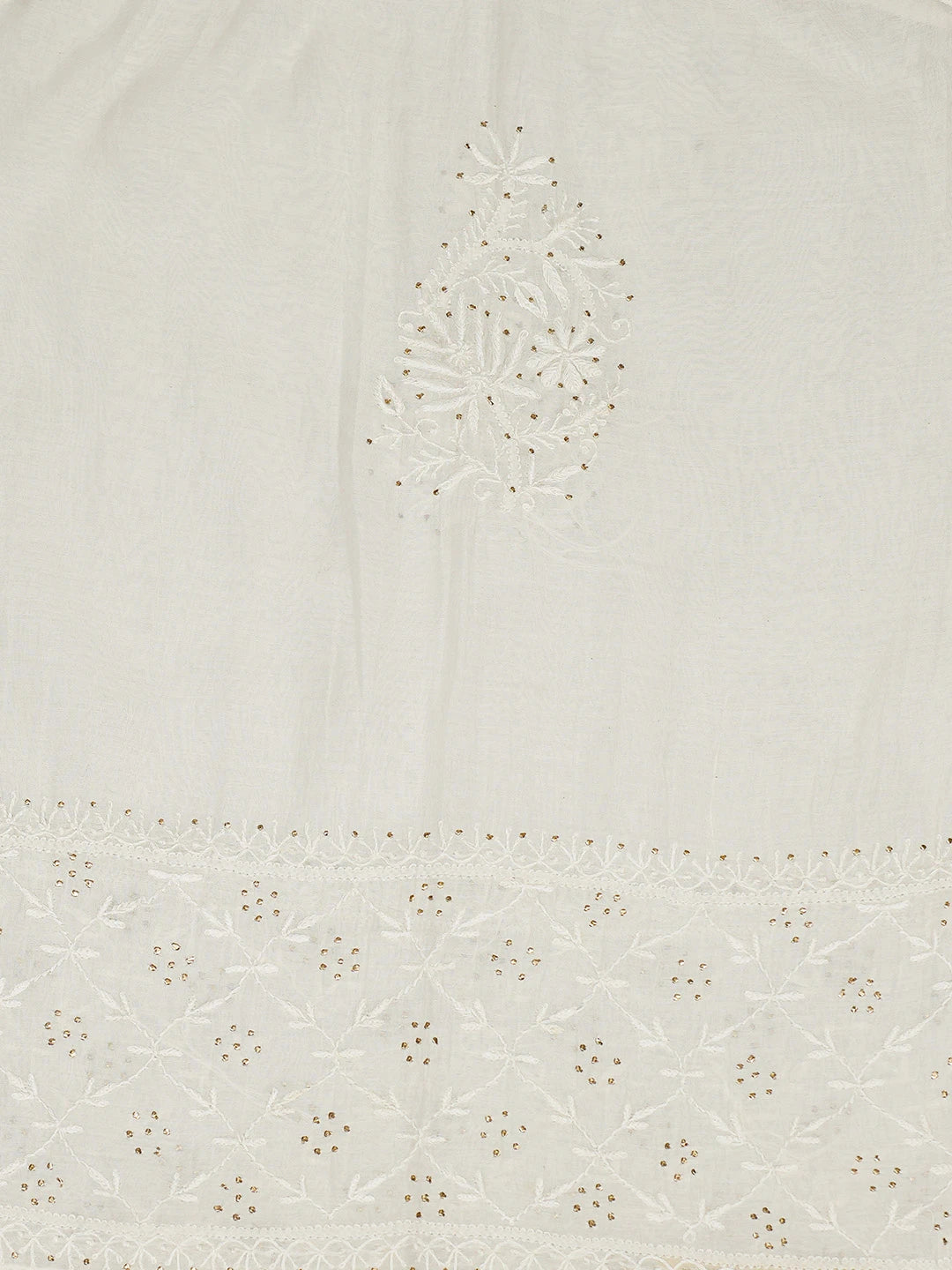 Ada Hand Embroidered White Chanderi Lucknowi Chikankari Semi-Stitched Kurta Dupatta Set With Mukaish Work 01A719525