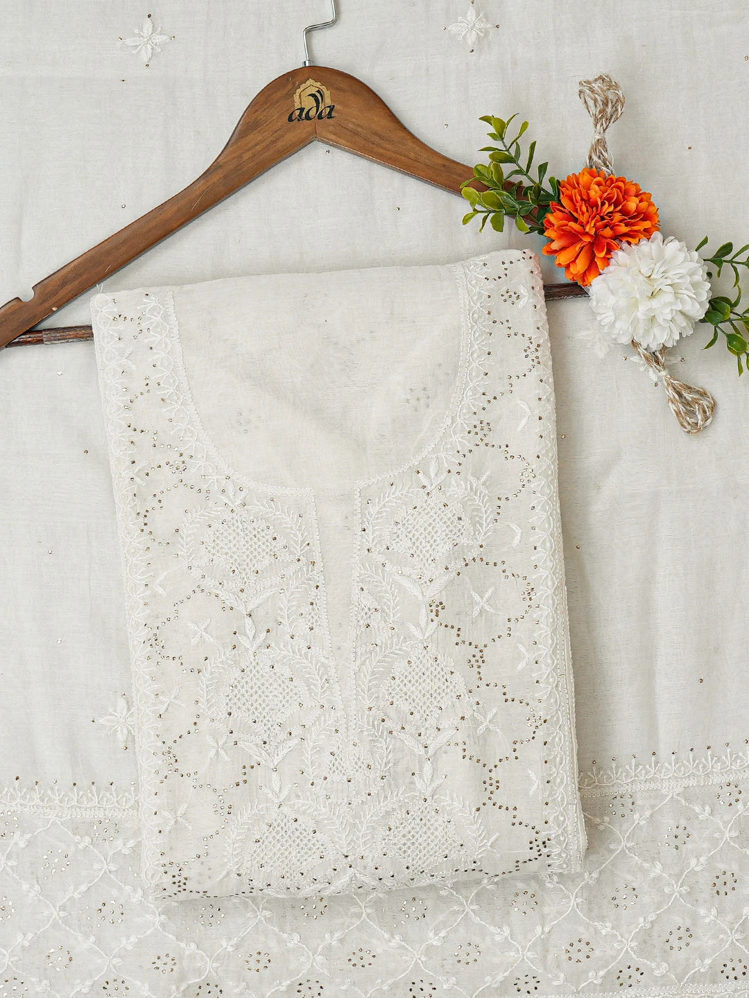 Ada Hand Embroidered White Chanderi Lucknowi Chikankari Semi-Stitched Kurta Dupatta Set With Mukaish Work 01A719525