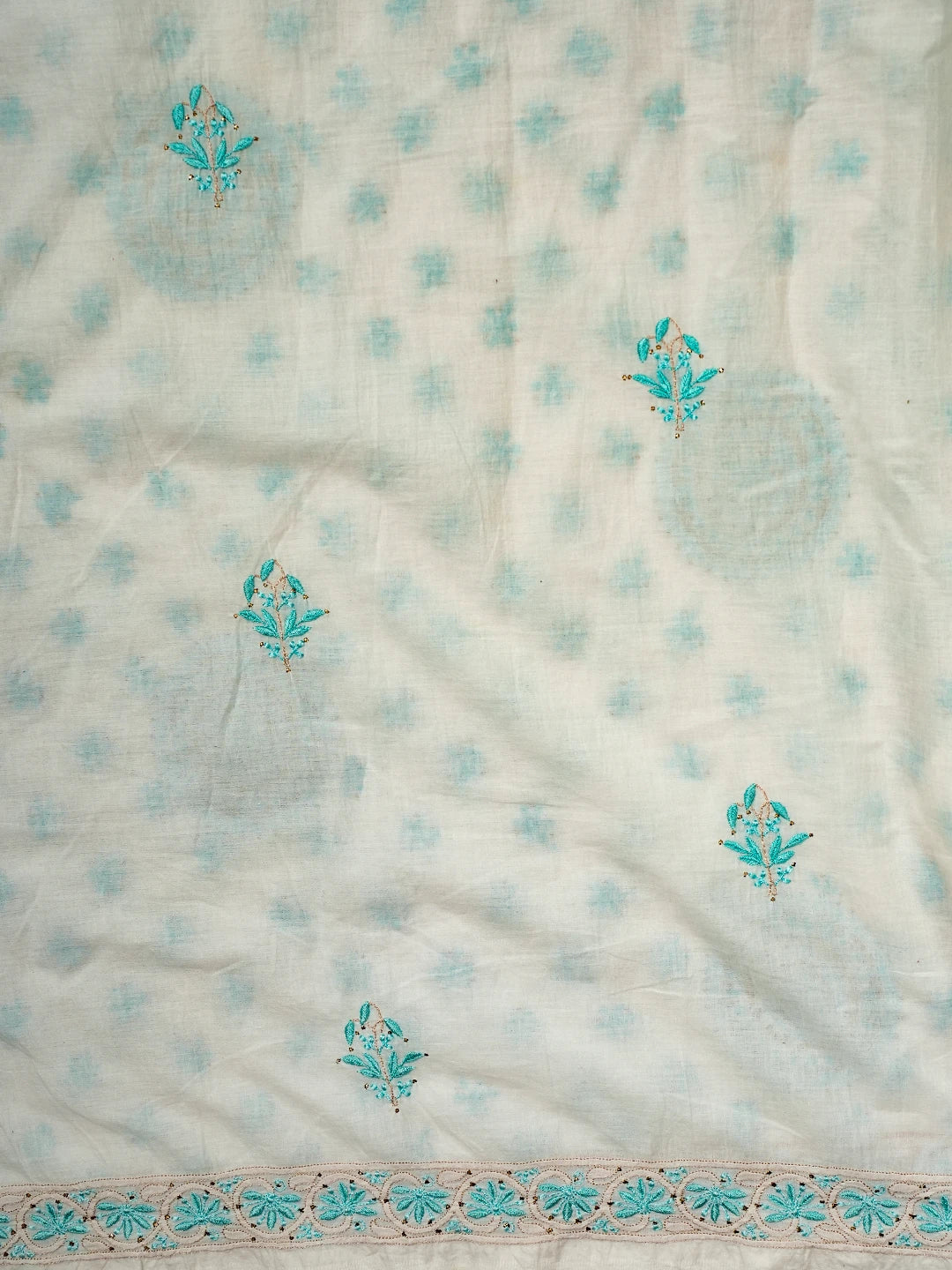 Ada Hand Embroidered White Cotton Lucknowi Chikankari Saree and Blouse With Mukaish Work 01A476963