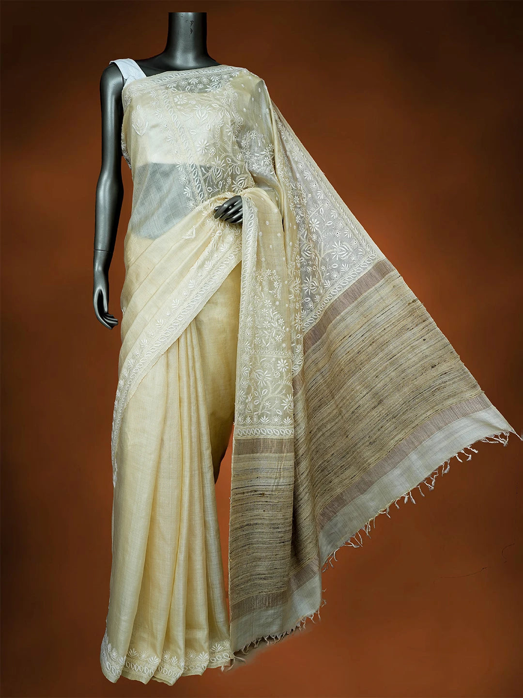 Ada Hand Embroidered Fawn Tussar Silk Lucknowi Chikankari Saree and Blouse 01A645765
