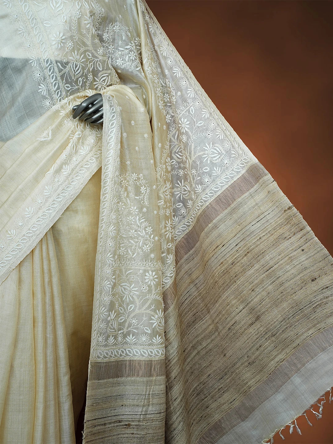 Ada Hand Embroidered Fawn Tussar Silk Lucknowi Chikankari Saree and Blouse 01A645765