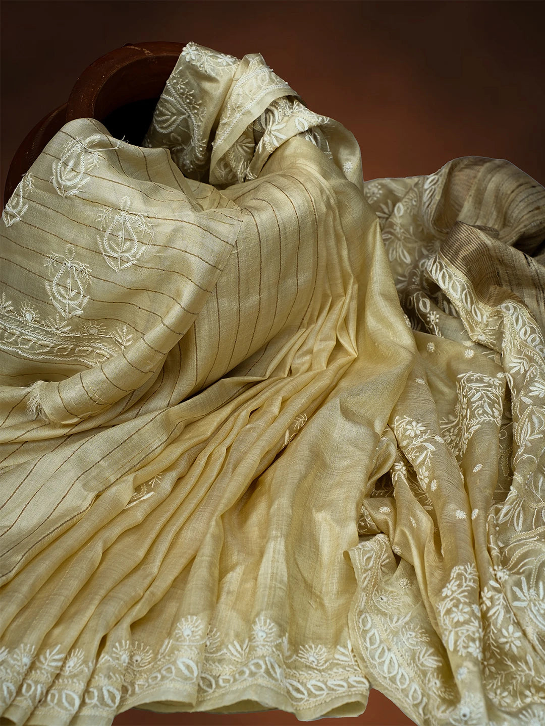 Ada Hand Embroidered Fawn Tussar Silk Lucknowi Chikankari Saree and Blouse 01A645765