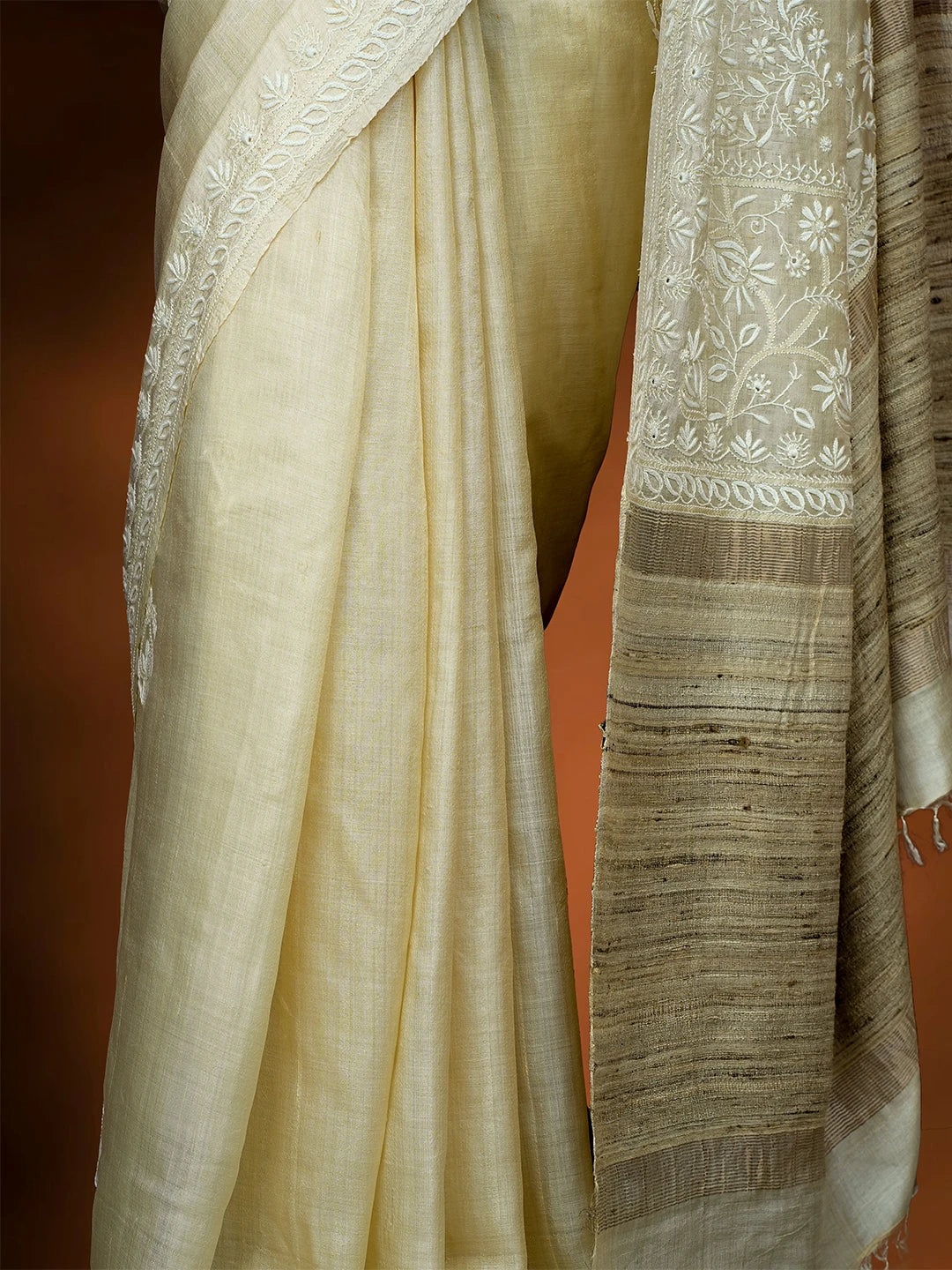 Ada Hand Embroidered Fawn Tussar Silk Lucknowi Chikankari Saree and Blouse 01A645765
