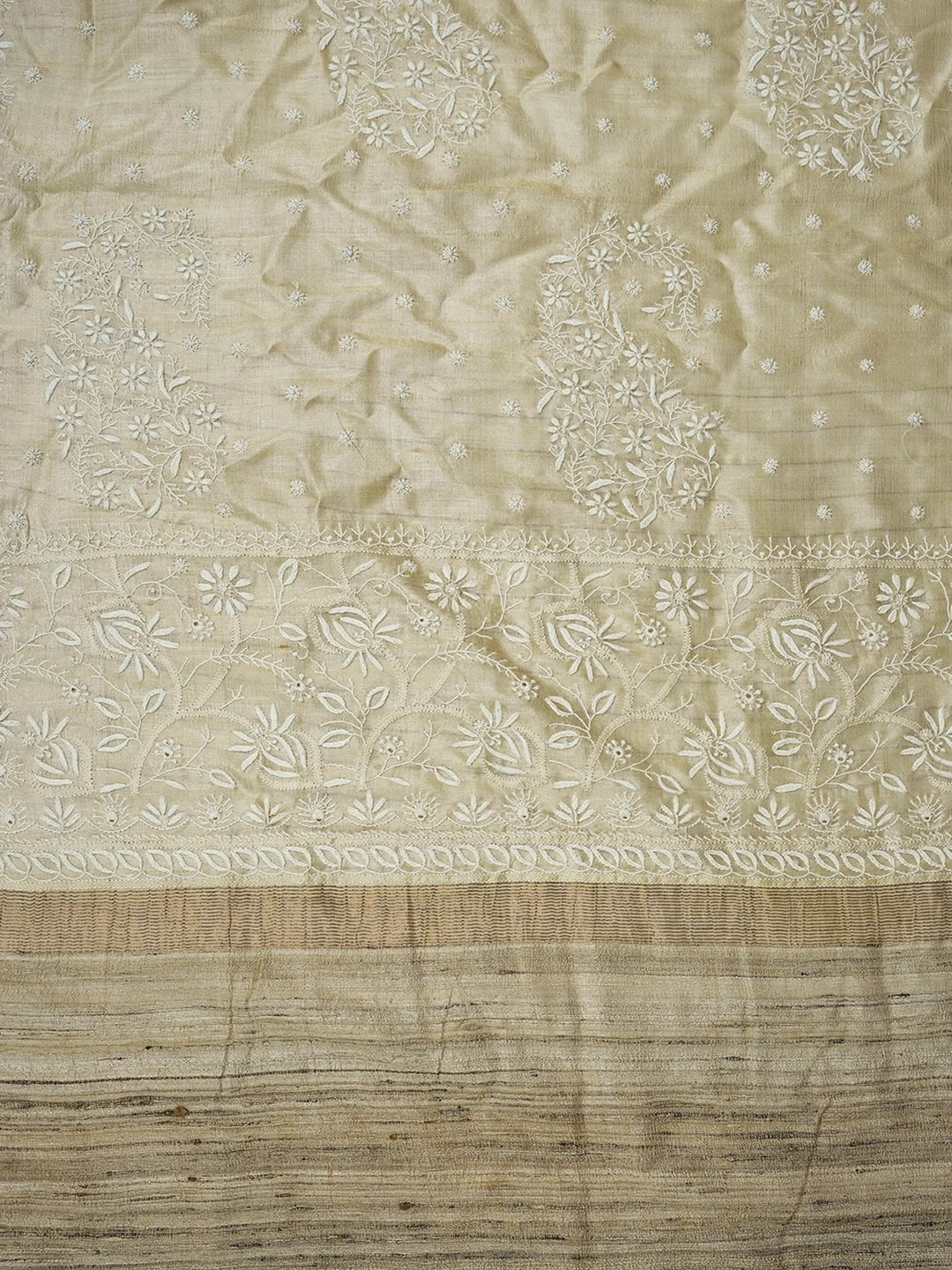 Ada Hand Embroidered Fawn Tussar Silk Lucknowi Chikankari Saree and Blouse 01A645765
