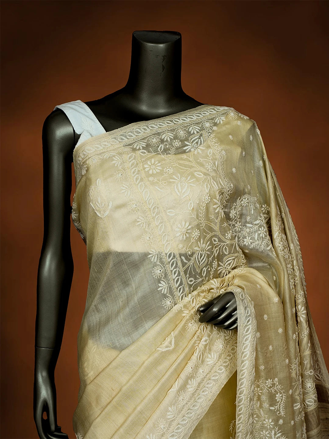 Ada Hand Embroidered Fawn Tussar Silk Lucknowi Chikankari Saree and Blouse 01A645765