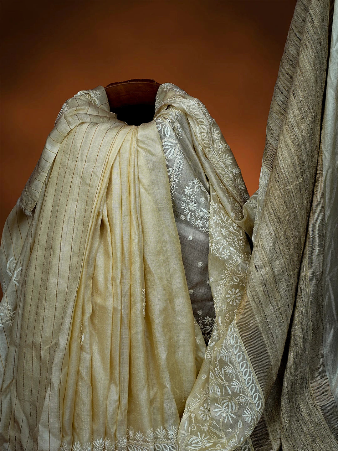 Ada Hand Embroidered Fawn Tussar Silk Lucknowi Chikankari Saree and Blouse 01A645765