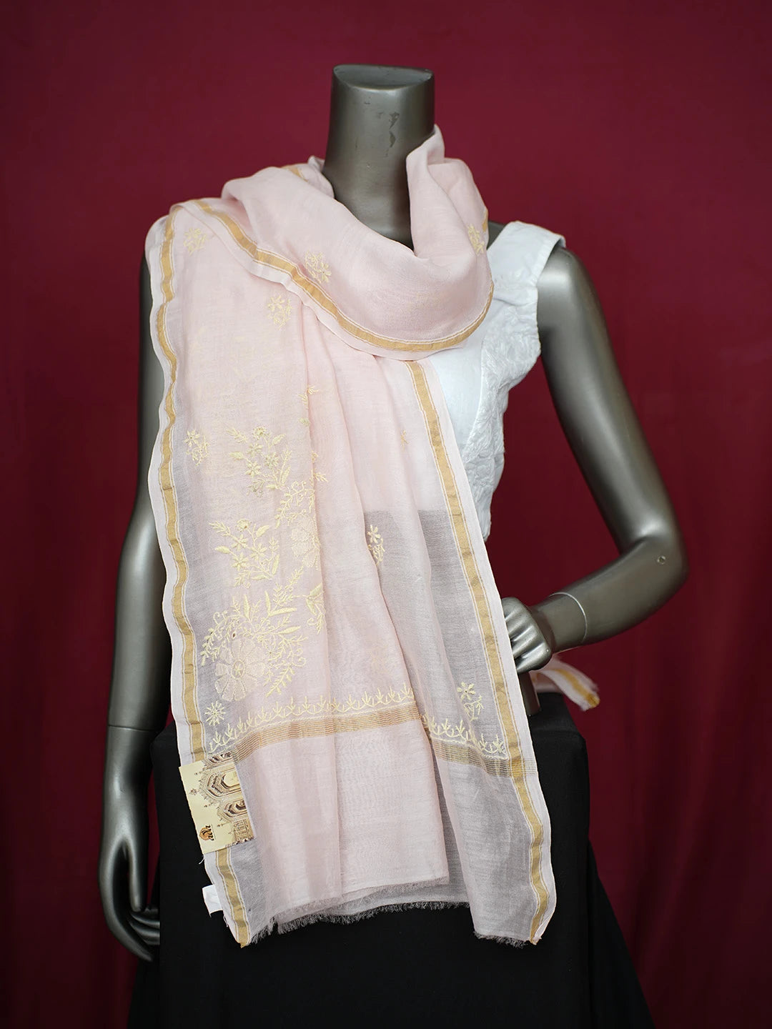 Ada Hand Embroidered Pink Chanderi Lucknowi Chikankari Dupatta 01A624198