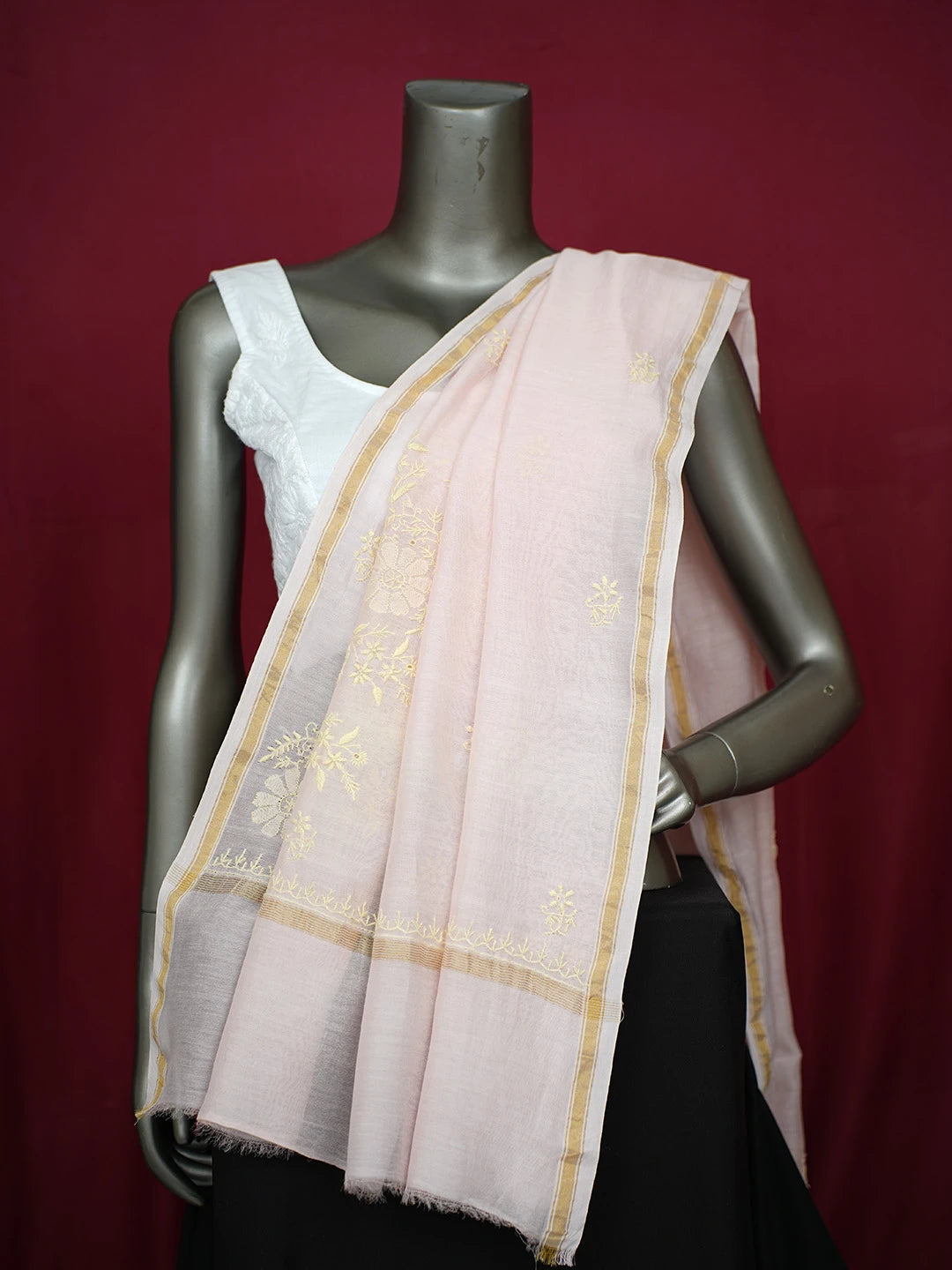 Ada Hand Embroidered Pink Chanderi Lucknowi Chikankari Dupatta 01A624198