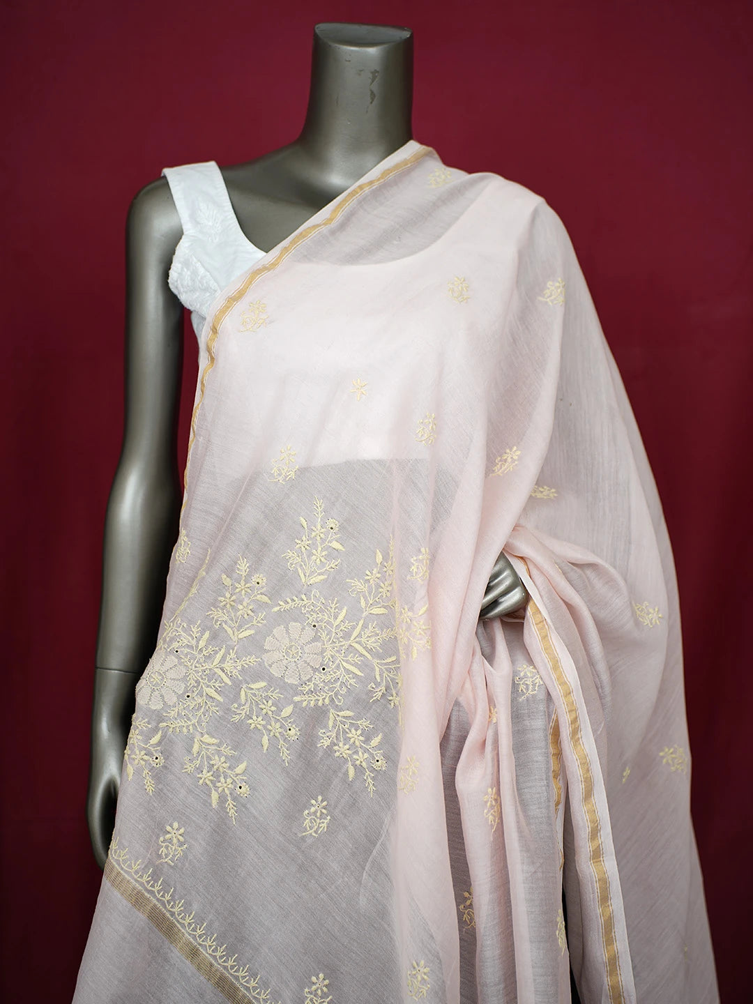 Ada Hand Embroidered Pink Chanderi Lucknowi Chikankari Dupatta 01A624198