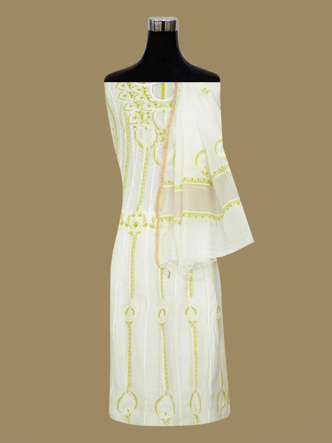 Ada Hand Embroidered White Chanderi Lucknowi Chikankari Semi-Stitched Anarkali Kurta Dupatta Set 01A719676