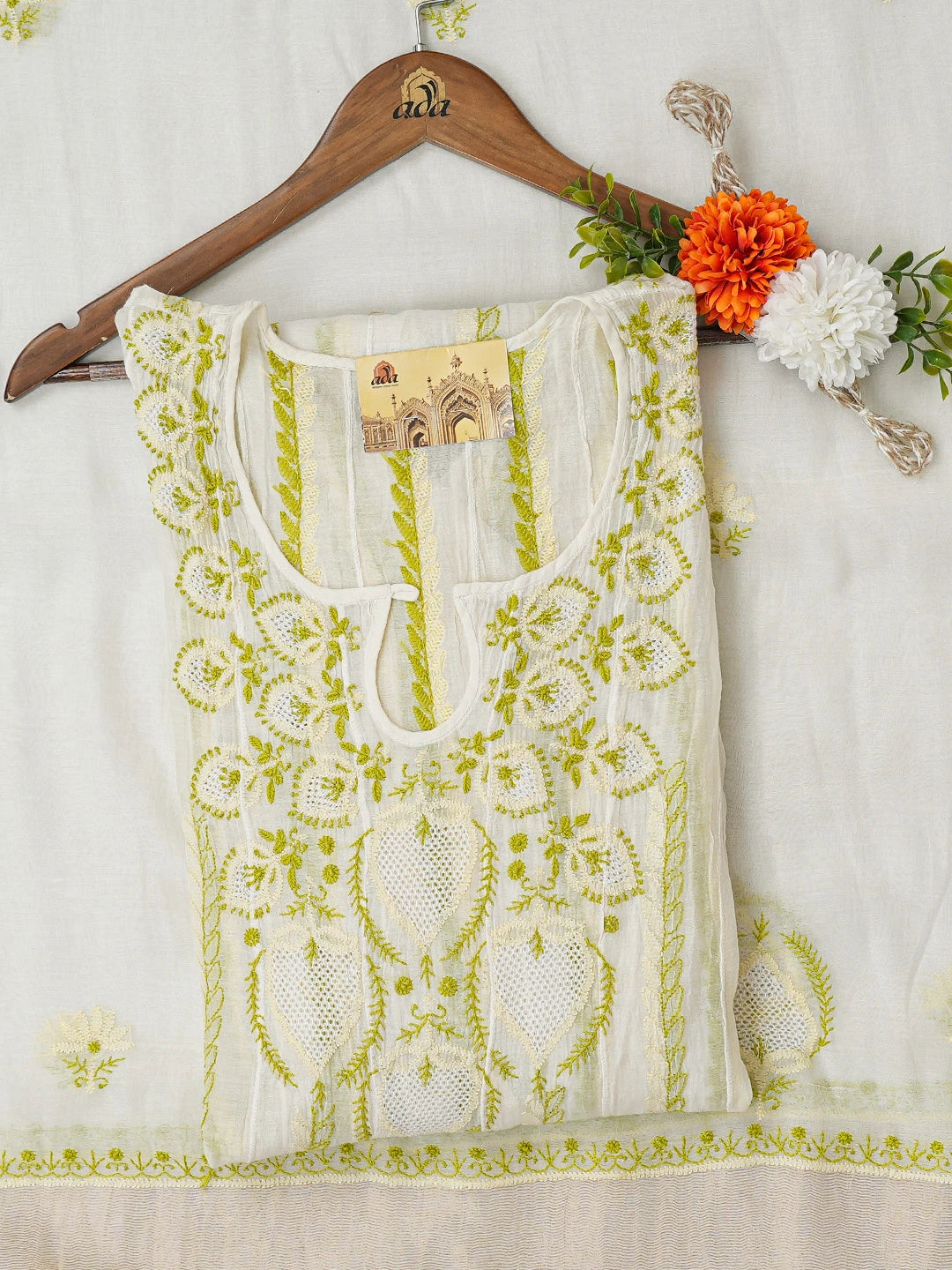 Ada Hand Embroidered White Chanderi Lucknowi Chikankari Semi-Stitched Anarkali Kurta Dupatta Set 01A719676