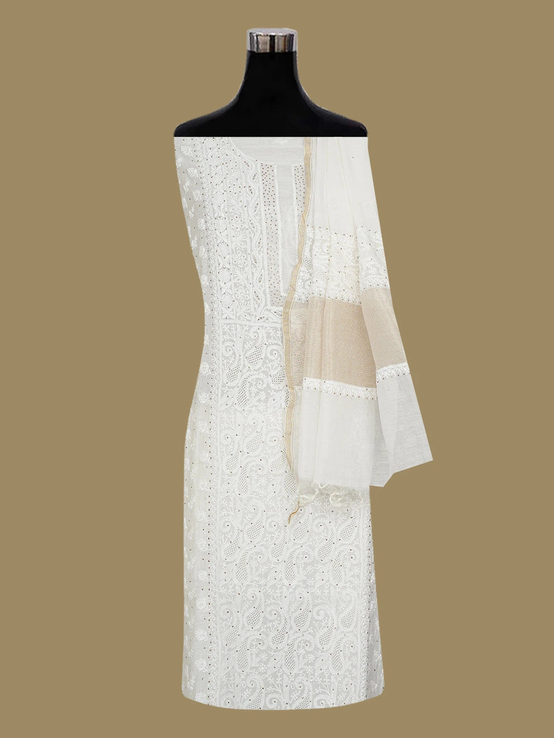 Ada Hand Embroidered White Chanderi Lucknowi Chikankari Semi-Stitched Kurta Dupatta Set With Muqaish Work 01A719576
