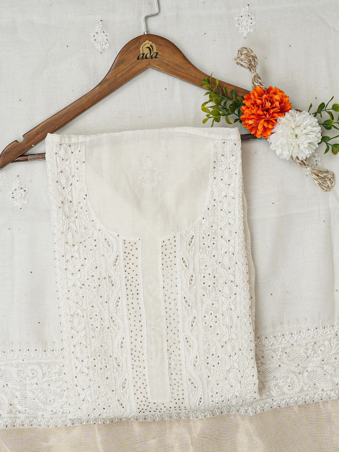Ada Hand Embroidered White Chanderi Lucknowi Chikankari Semi-Stitched Kurta Dupatta Set With Muqaish Work 01A719576