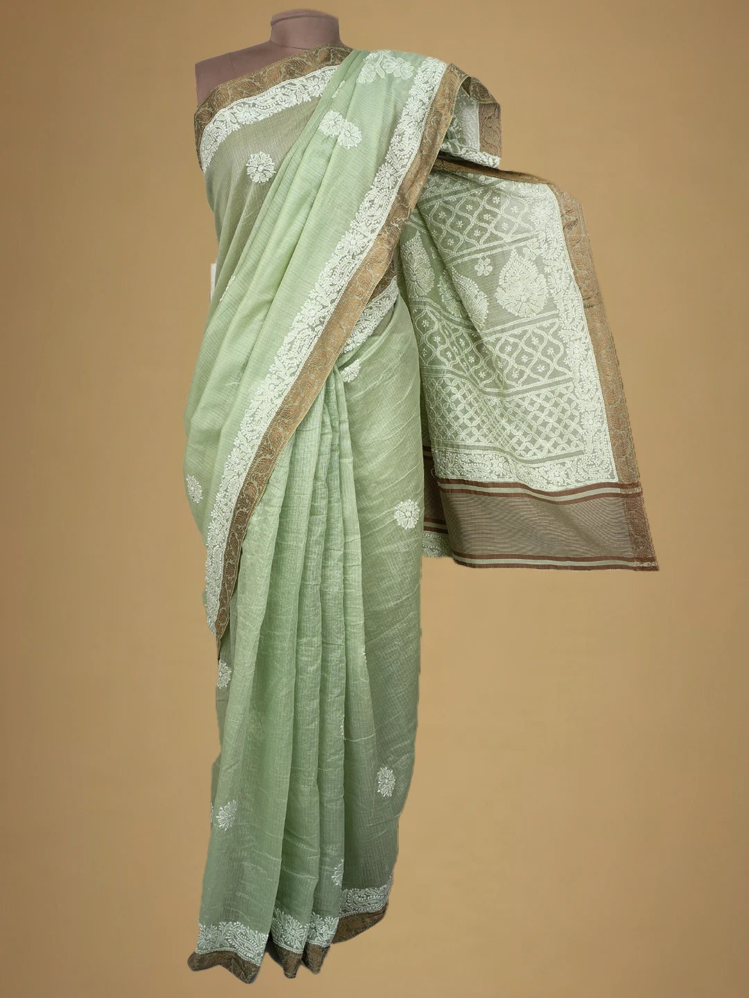 Ada Hand Embroidered Light Green Chanderi Lucknowi Chikankari Saree and Blouse 01A719834