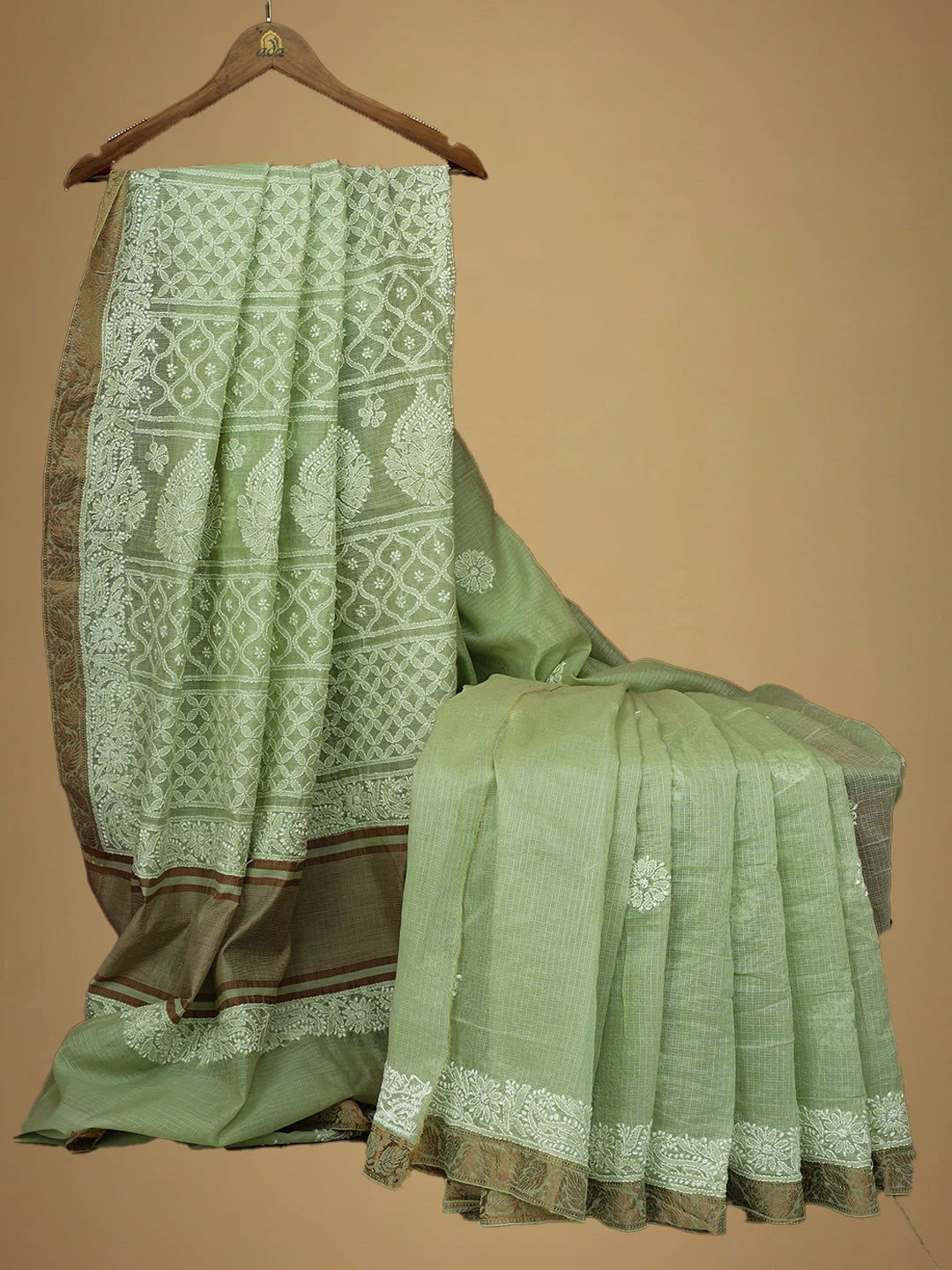 Ada Hand Embroidered Light Green Chanderi Lucknowi Chikankari Saree and Blouse 01A719834
