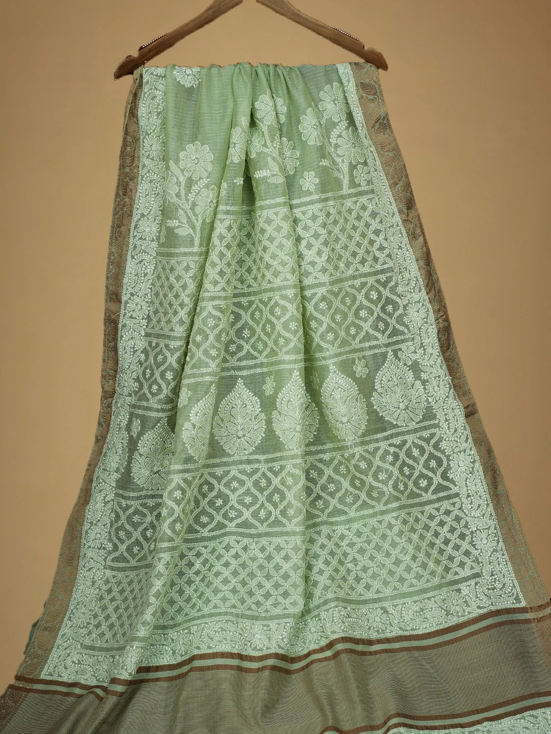 Ada Hand Embroidered Light Green Chanderi Lucknowi Chikankari Saree and Blouse 01A719834