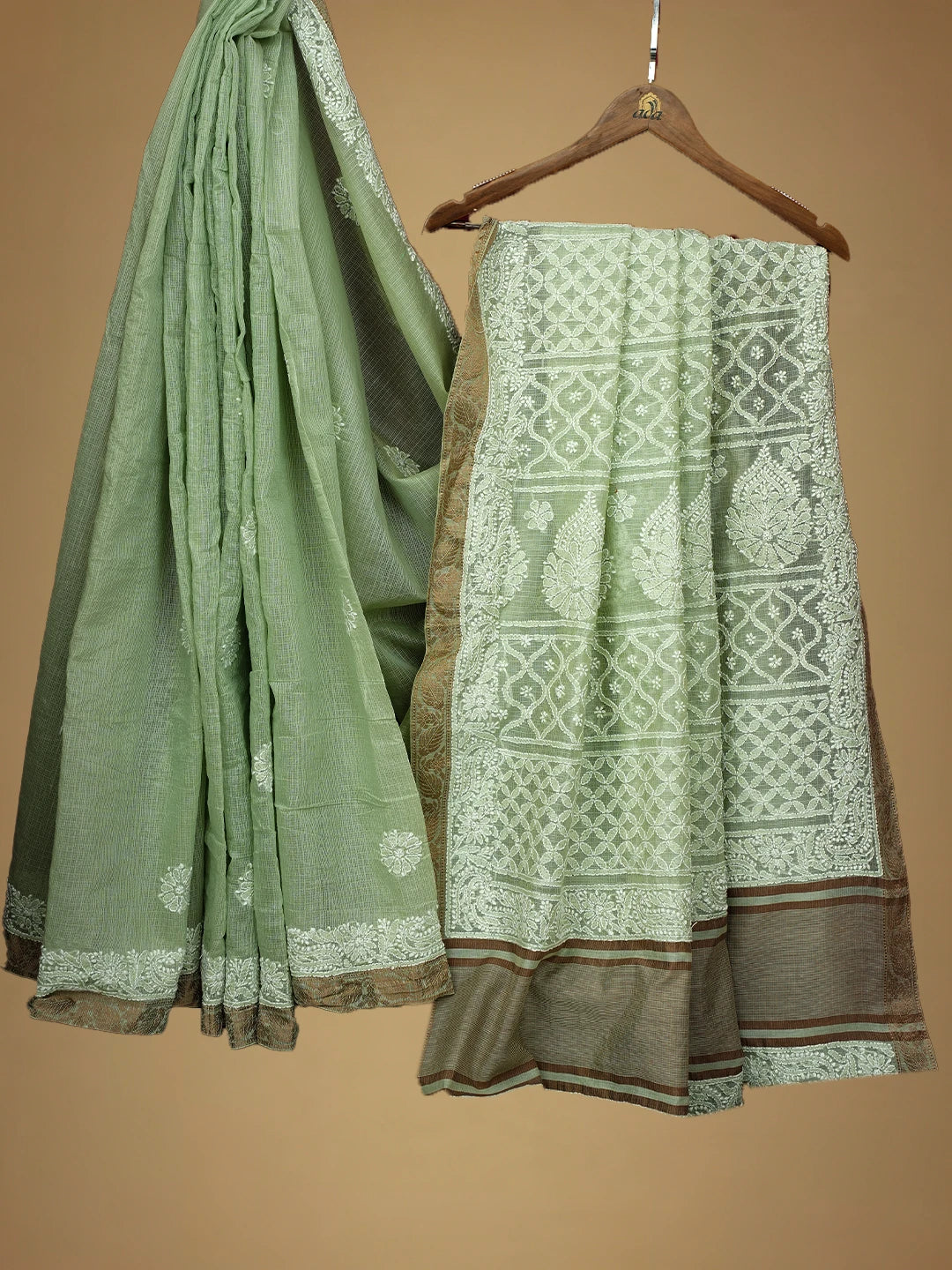 Ada Hand Embroidered Light Green Chanderi Lucknowi Chikankari Saree and Blouse 01A719834