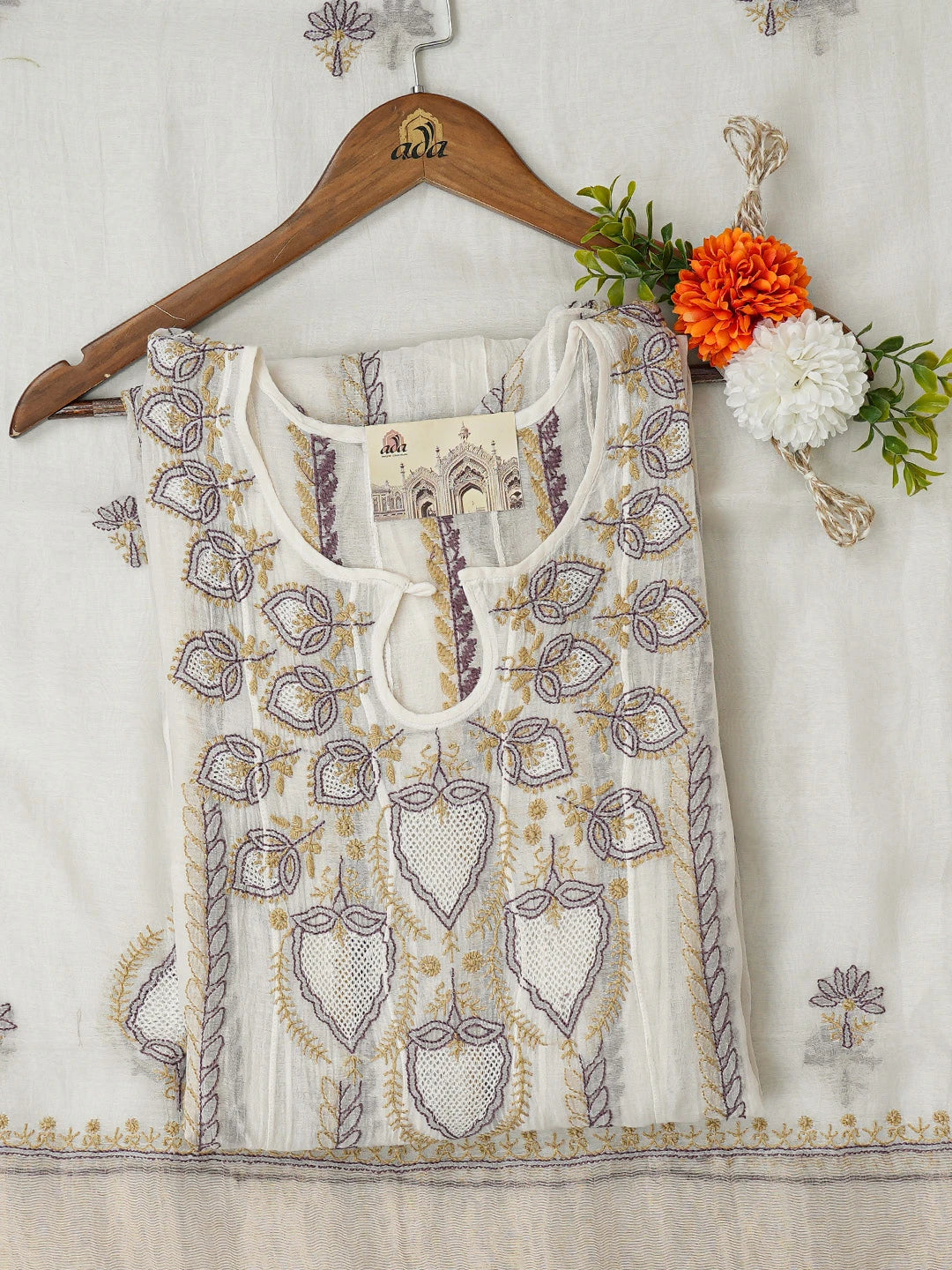 Ada Hand Embroidered White Chanderi Lucknowi Chikankari Semi-Stitched Kurta Dupatta Set 01A719675