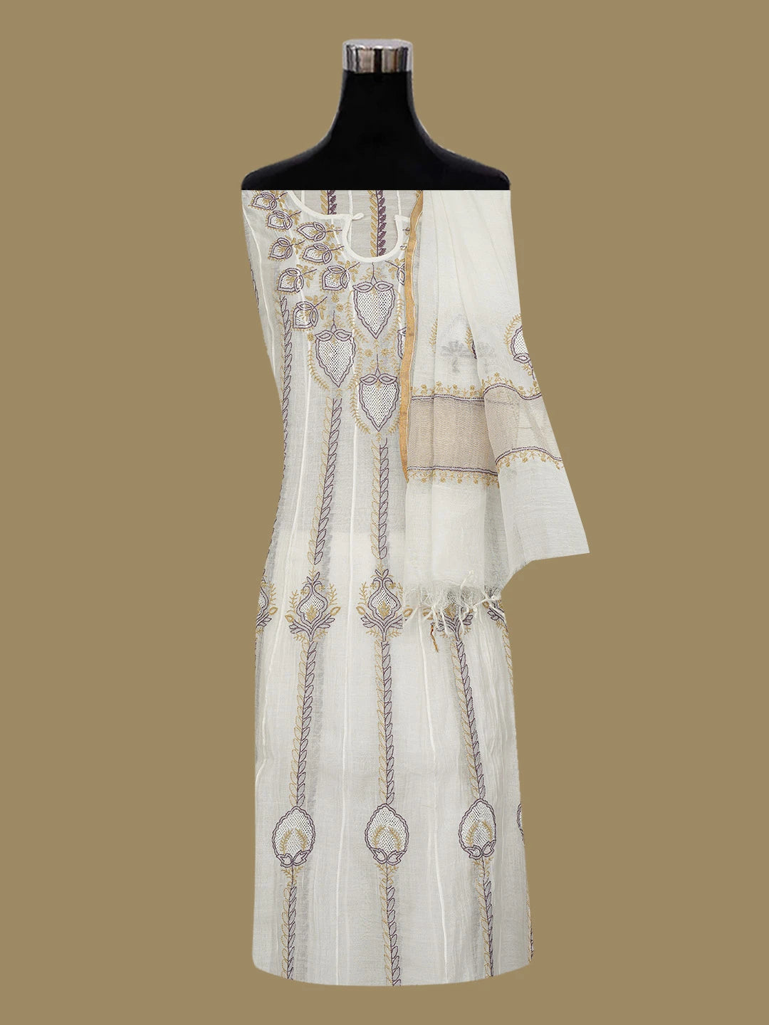 Ada Hand Embroidered White Chanderi Lucknowi Chikankari Semi-Stitched Kurta Dupatta Set 01A719675