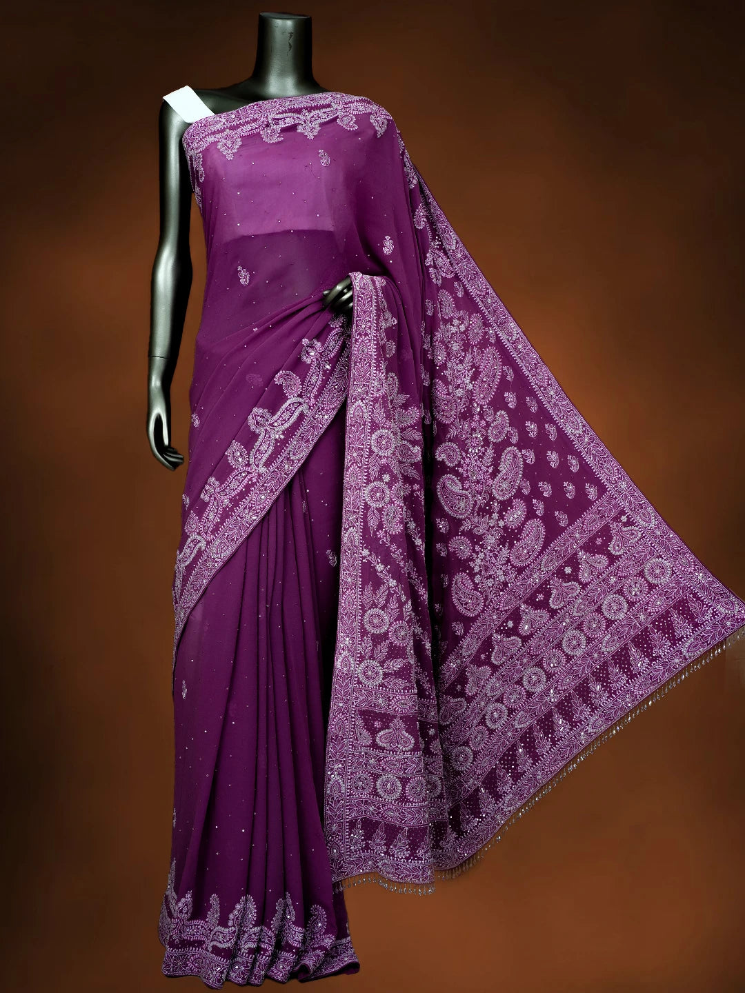 Ada Hand Embroidered Plum Pink Pure Georgette Lucknowi Chikankari Saree/Blouse With Zari Work 01A647440