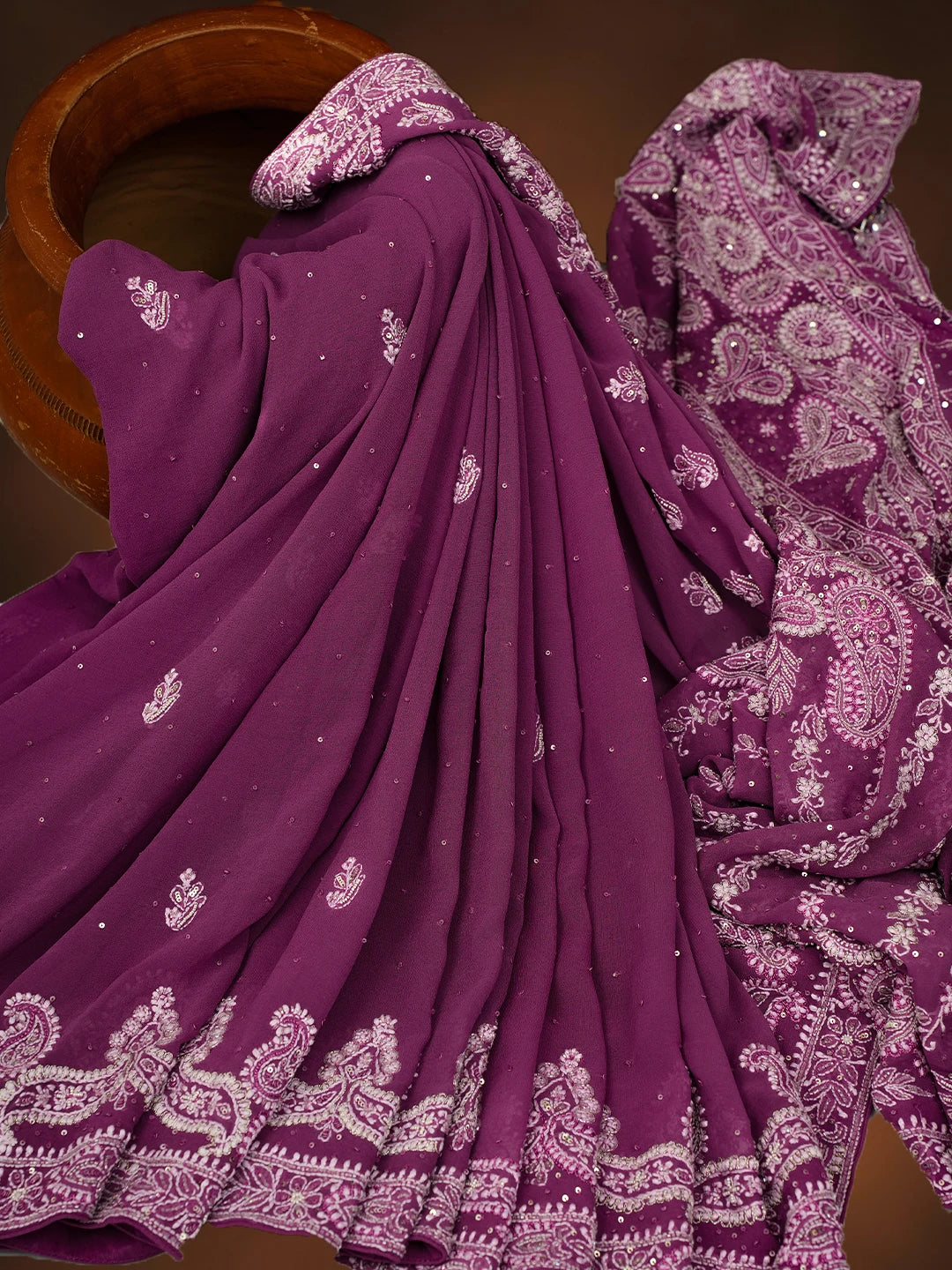 Ada Hand Embroidered Plum Pink Pure Georgette Lucknowi Chikankari Saree/Blouse With Zari Work 01A647440