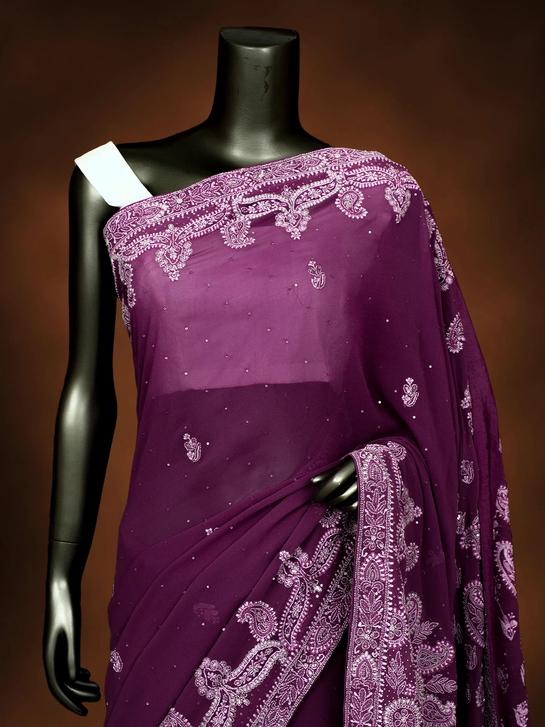 Ada Hand Embroidered Plum Pink Pure Georgette Lucknowi Chikankari Saree/Blouse With Zari Work 01A647440