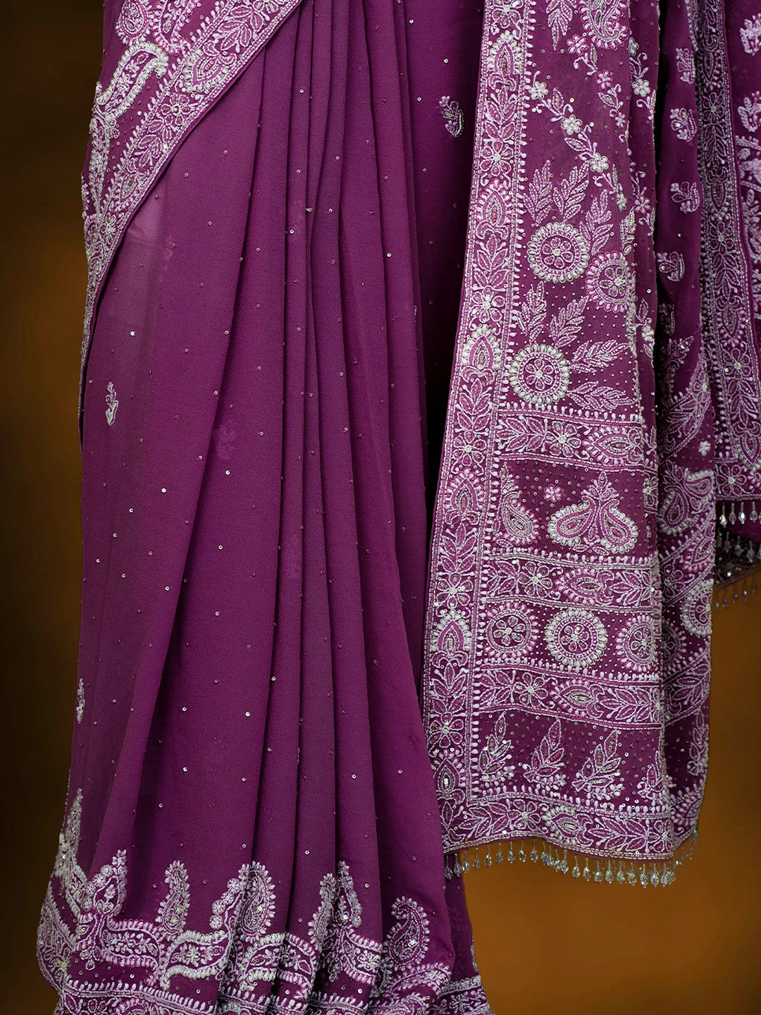 Ada Hand Embroidered Plum Pink Pure Georgette Lucknowi Chikankari Saree/Blouse With Zari Work 01A647440