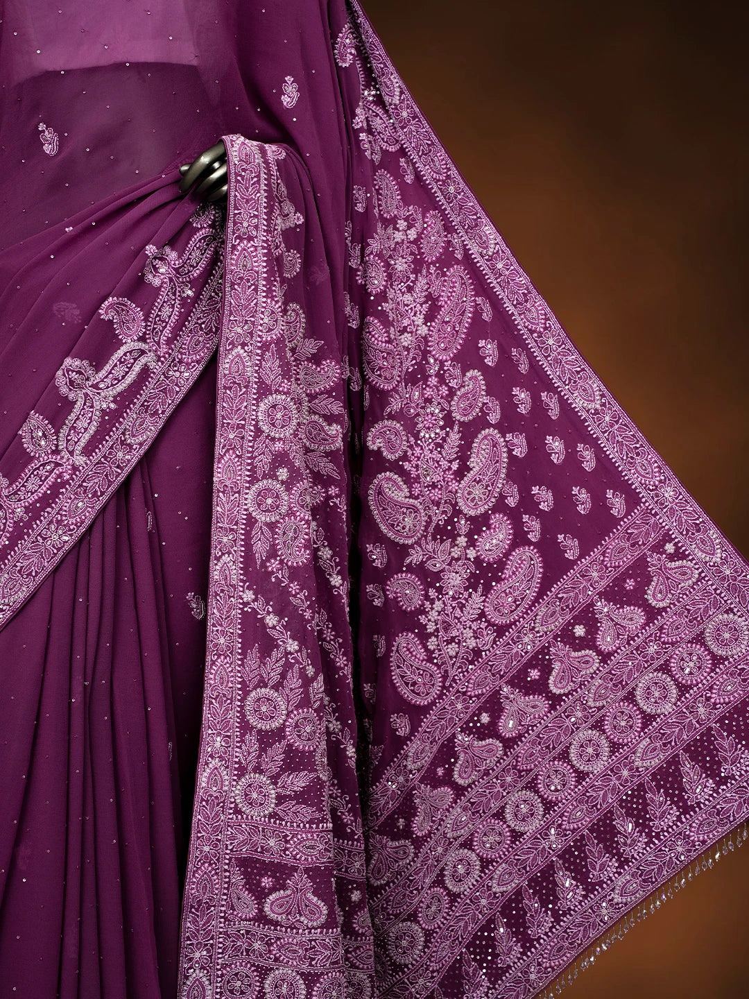 Ada Hand Embroidered Plum Pink Pure Georgette Lucknowi Chikankari Saree/Blouse With Zari Work 01A647440