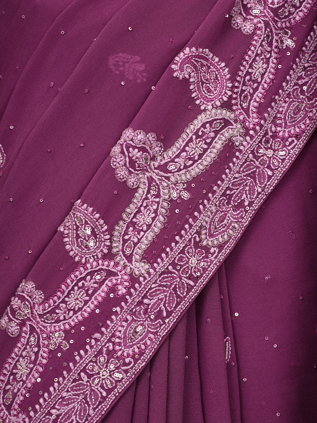 Ada Hand Embroidered Plum Pink Pure Georgette Lucknowi Chikankari Saree/Blouse With Zari Work 01A647440
