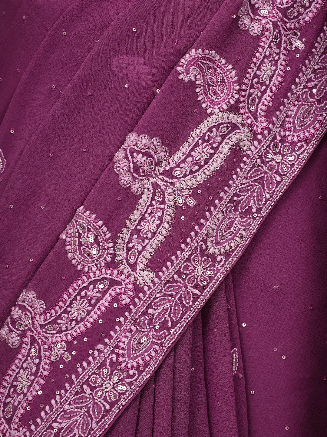 Ada Hand Embroidered Plum Pink Pure Georgette Lucknowi Chikankari Saree/Blouse With Zari Work 01A647440