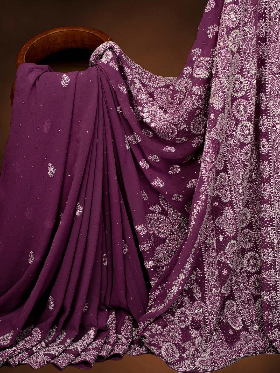 Ada Hand Embroidered Plum Pink Pure Georgette Lucknowi Chikankari Saree/Blouse With Zari Work 01A647440