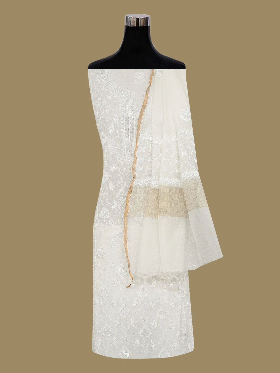 Ada Hand Embroidered White Chanderi Lucknowi Chikankari Semi-Stitched Kurta Dupatta Set With Cutdana Work 01A719588